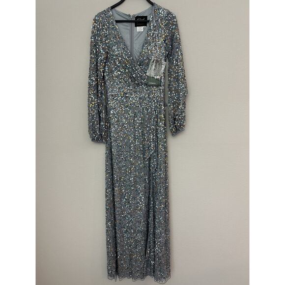 NWT Mac Duggal Silver Blue Long Sleeve V-Neck Sequined Dress 5213 Size 8 - Picture 1 of 11
